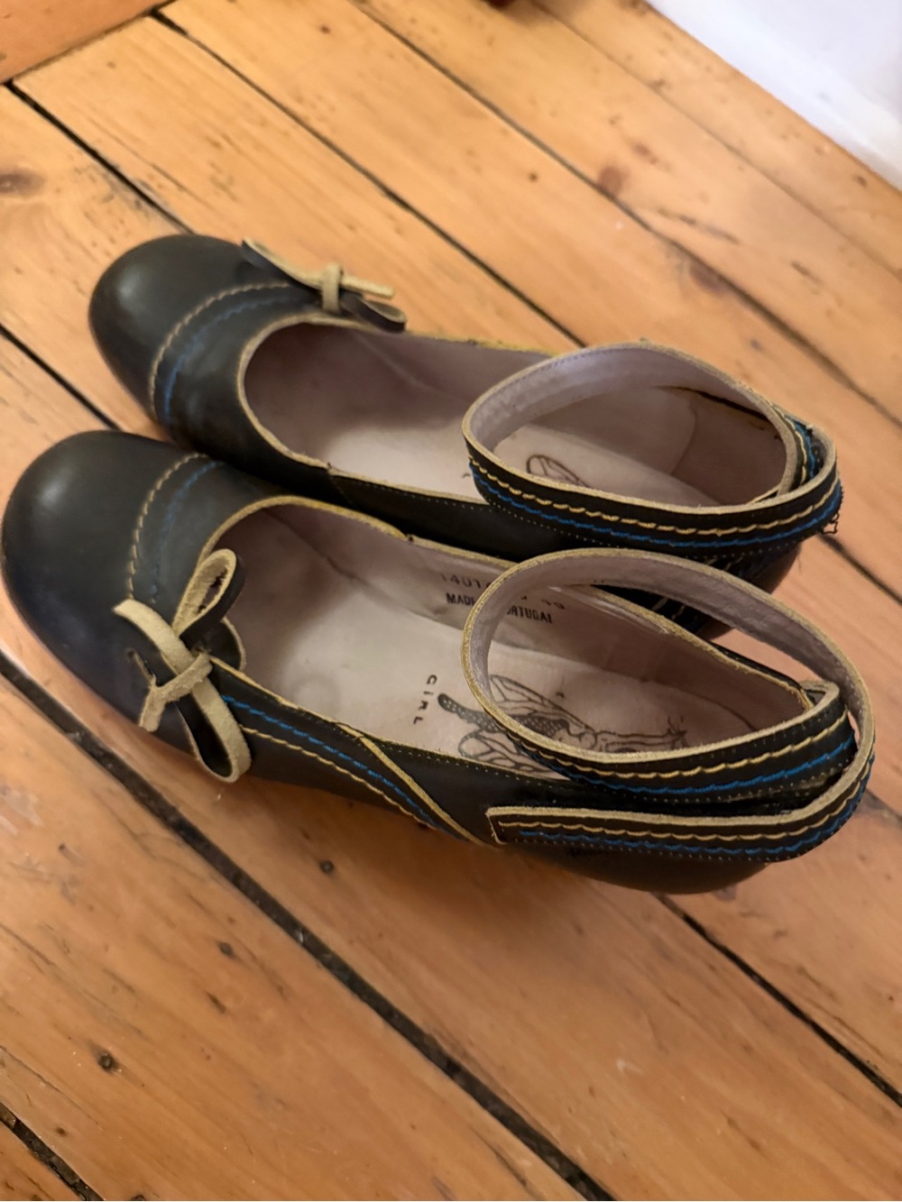Women’s Black Fly London Wedge Shoes with Ankle Strap, Blue & Green Detail